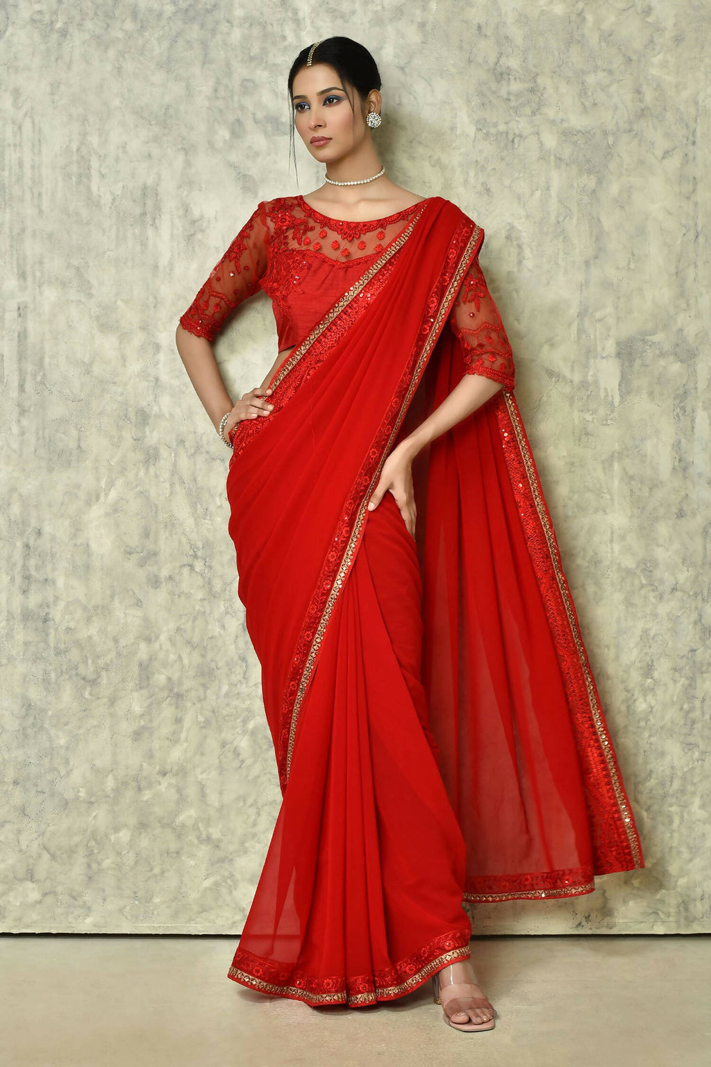 Red Georgette Plain Saree with Blouse Piece - Purvi | Grocsy