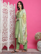 Jyoti Fashion Women's Green Muslin Floral Resham Embroidery Kurta with Trouser & Dupatta | Grocsy