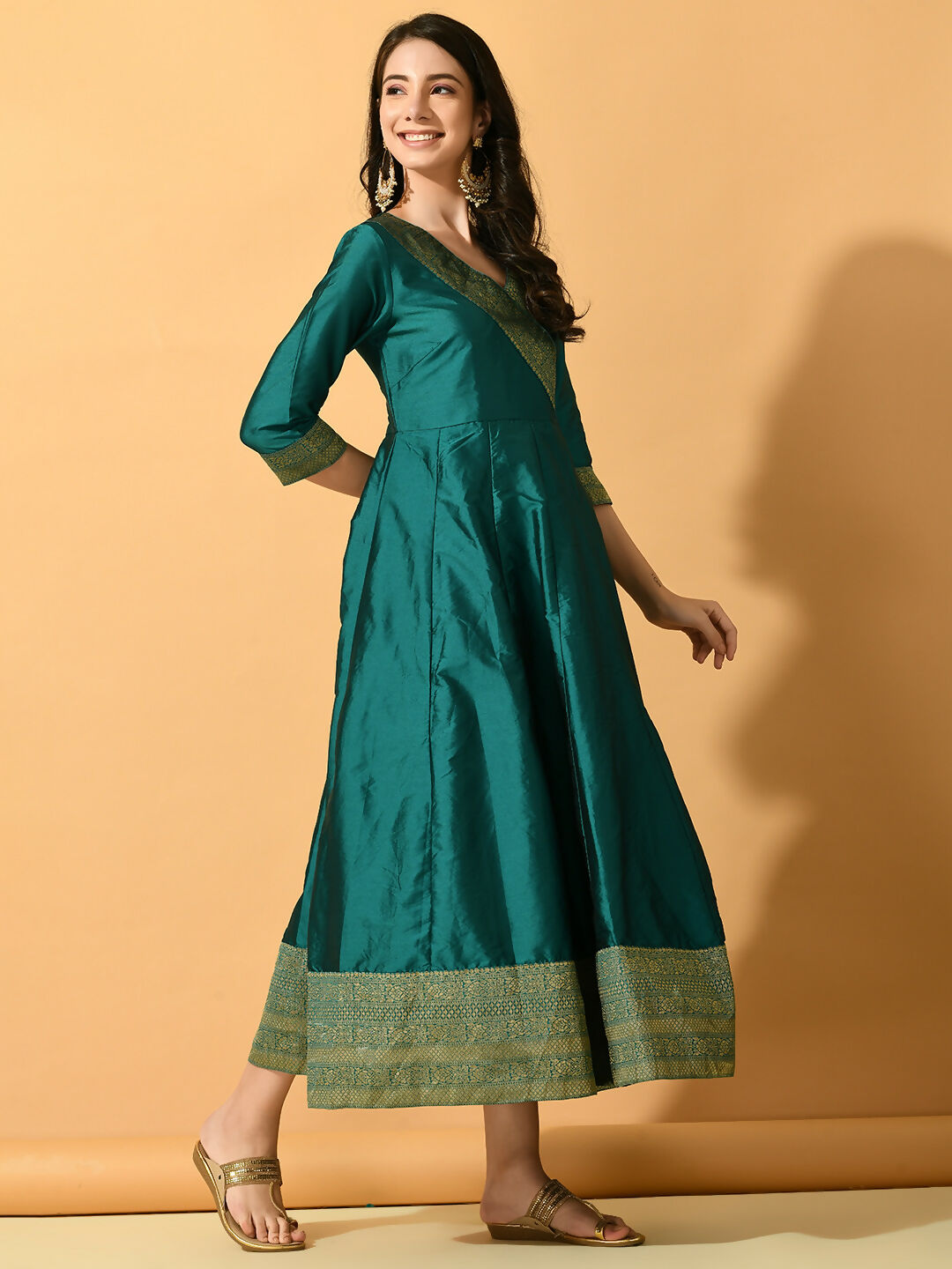Myshka Women's Green Silk Festive Anarkali Kurta | Grocsy
