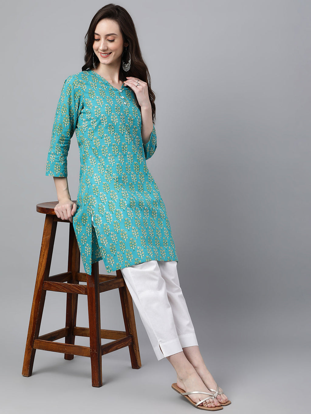 Janasya Women's Turquoise Blue Cotton Block Print Straight Tunic | Grocsy