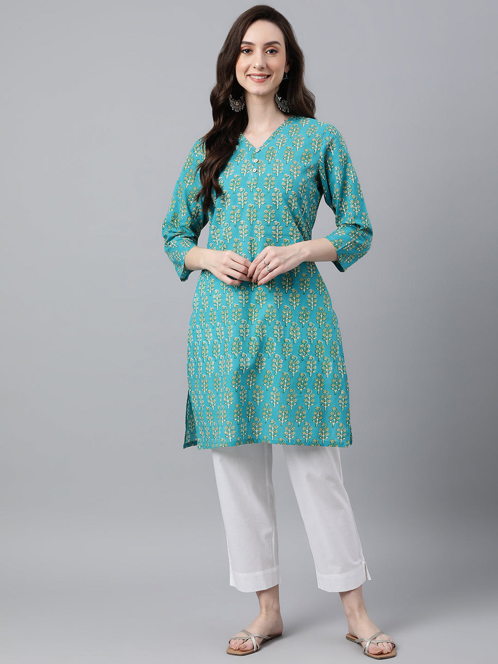 Janasya Women's Turquoise Blue Cotton Block Print Straight Tunic | Grocsy