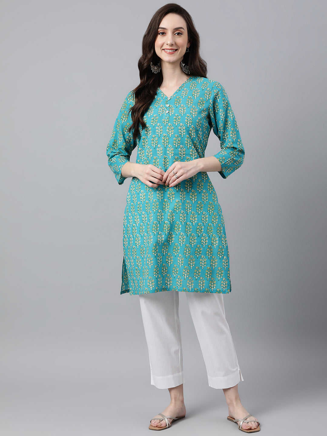 Janasya Women's Turquoise Blue Cotton Block Print Straight Tunic | Grocsy