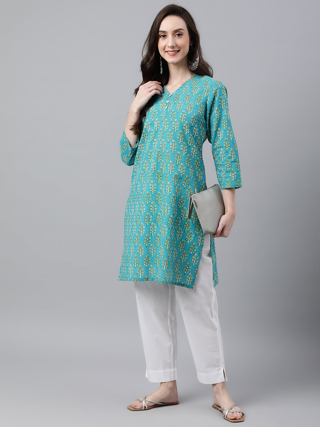 Janasya Women's Turquoise Blue Cotton Block Print Straight Tunic | Grocsy