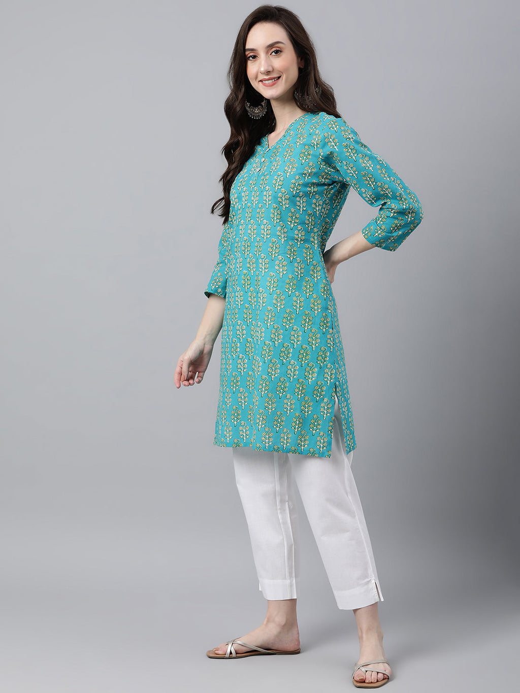 Janasya Women's Turquoise Blue Cotton Block Print Straight Tunic | Grocsy