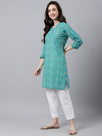 Janasya Women's Turquoise Blue Cotton Block Print Straight Tunic | Grocsy