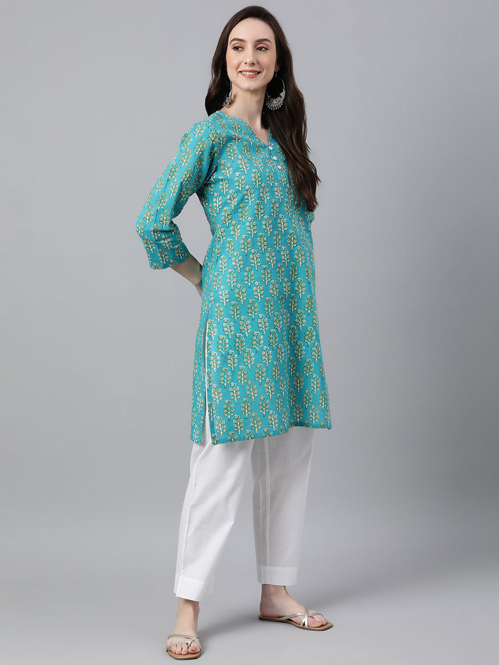 Janasya Women's Turquoise Blue Cotton Block Print Straight Tunic | Grocsy
