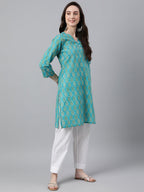 Janasya Women's Turquoise Blue Cotton Block Print Straight Tunic | Grocsy