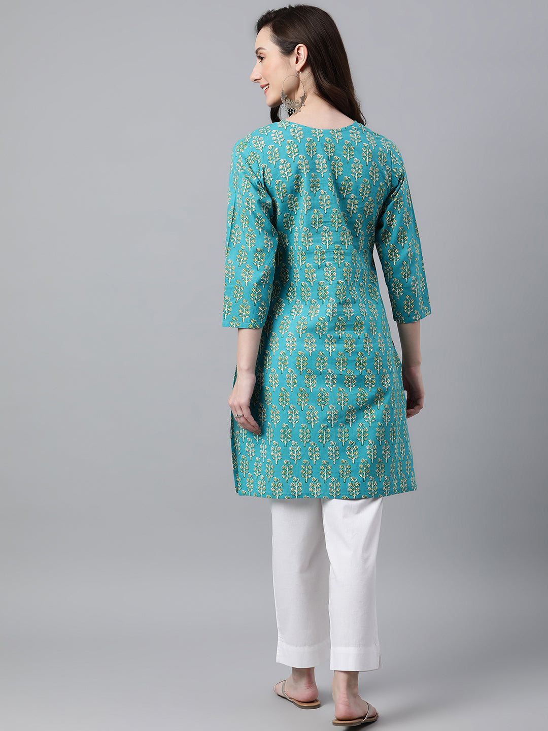 Janasya Women's Turquoise Blue Cotton Block Print Straight Tunic | Grocsy