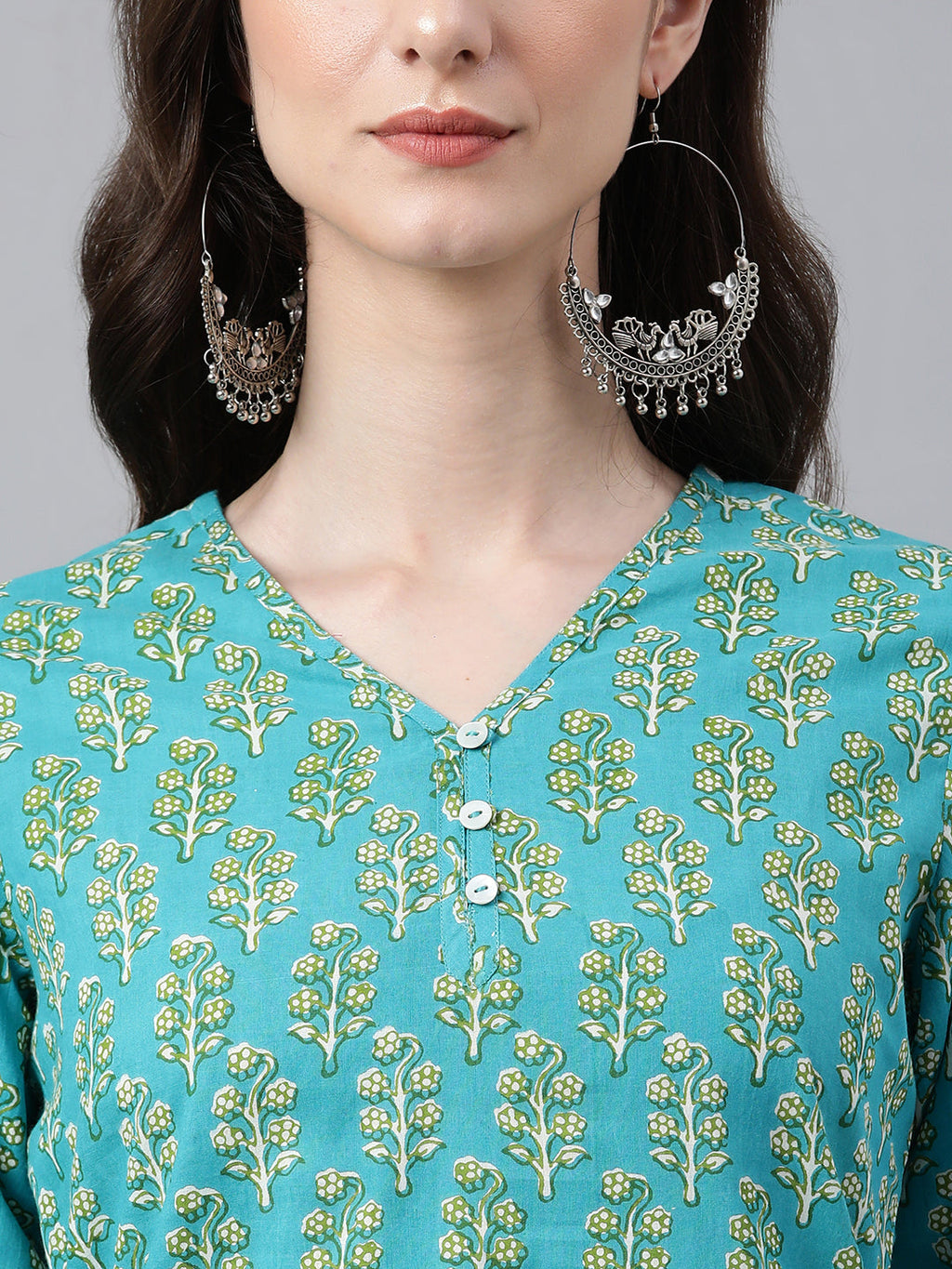 Janasya Women's Turquoise Blue Cotton Block Print Straight Tunic | Grocsy