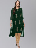 Janasya Women's Bottle Green Crepe Foil Print Festive A-Line Kurta | Grocsy