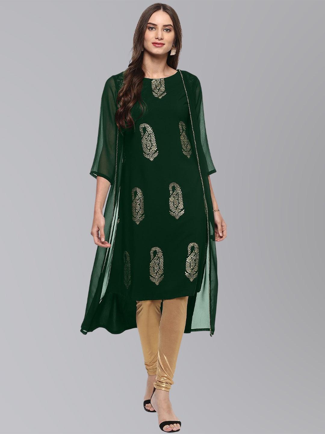 Janasya Women's Bottle Green Crepe Foil Print Festive A-Line Kurta | Grocsy