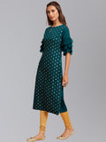 Janasya Women's Peacock Green Crepe Foil Print Festive Straight Kurta | Grocsy