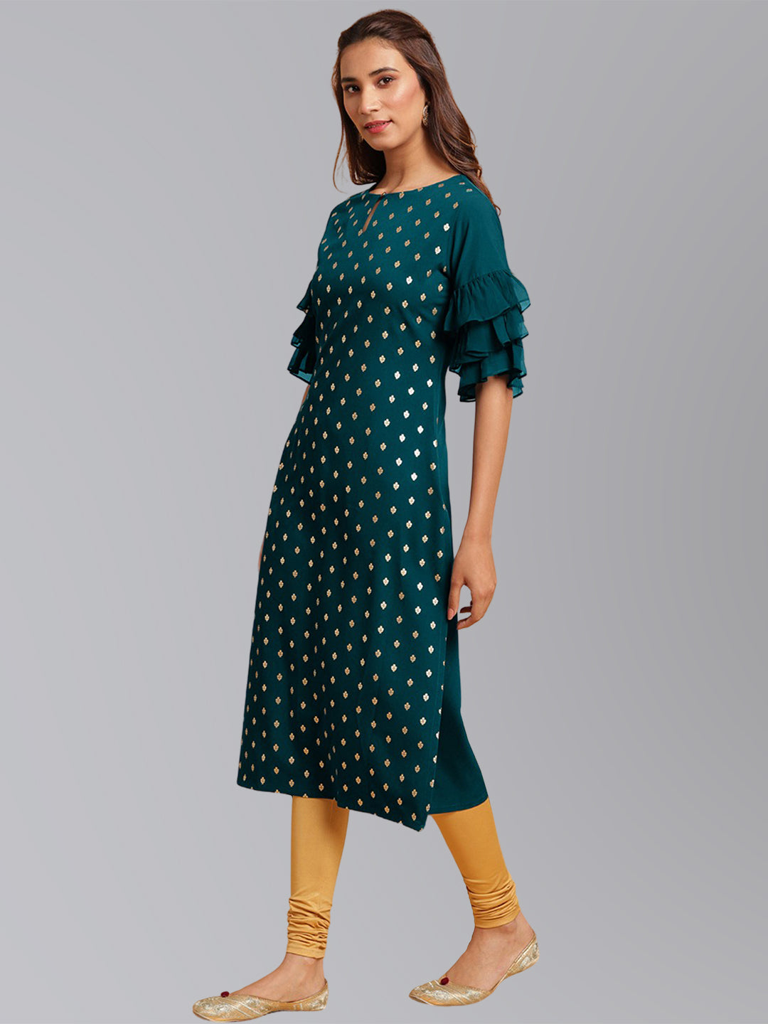 Janasya Women's Peacock Green Crepe Foil Print Festive Straight Kurta | Grocsy