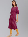 Janasya Women's Magenta Crepe Foil Print Festive Straight Kurta | Grocsy