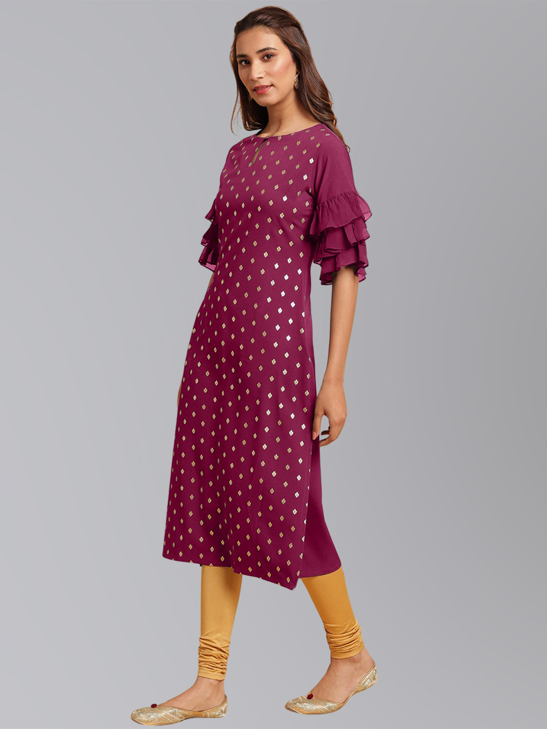 Janasya Women's Magenta Crepe Foil Print Festive Straight Kurta | Grocsy