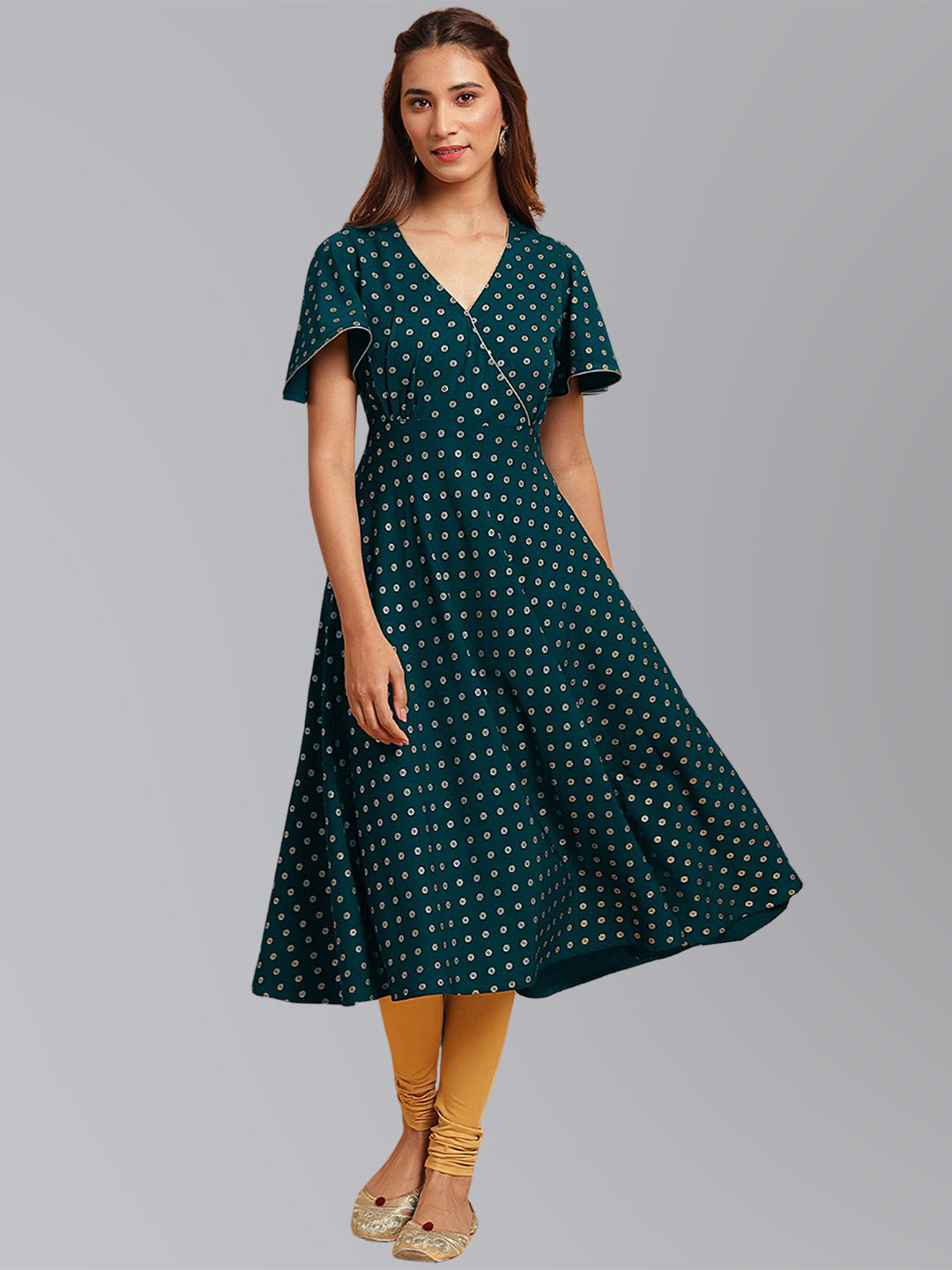 Janasya Women's Peacock Green Crepe Foil Print Festive Flared Kurta | Grocsy