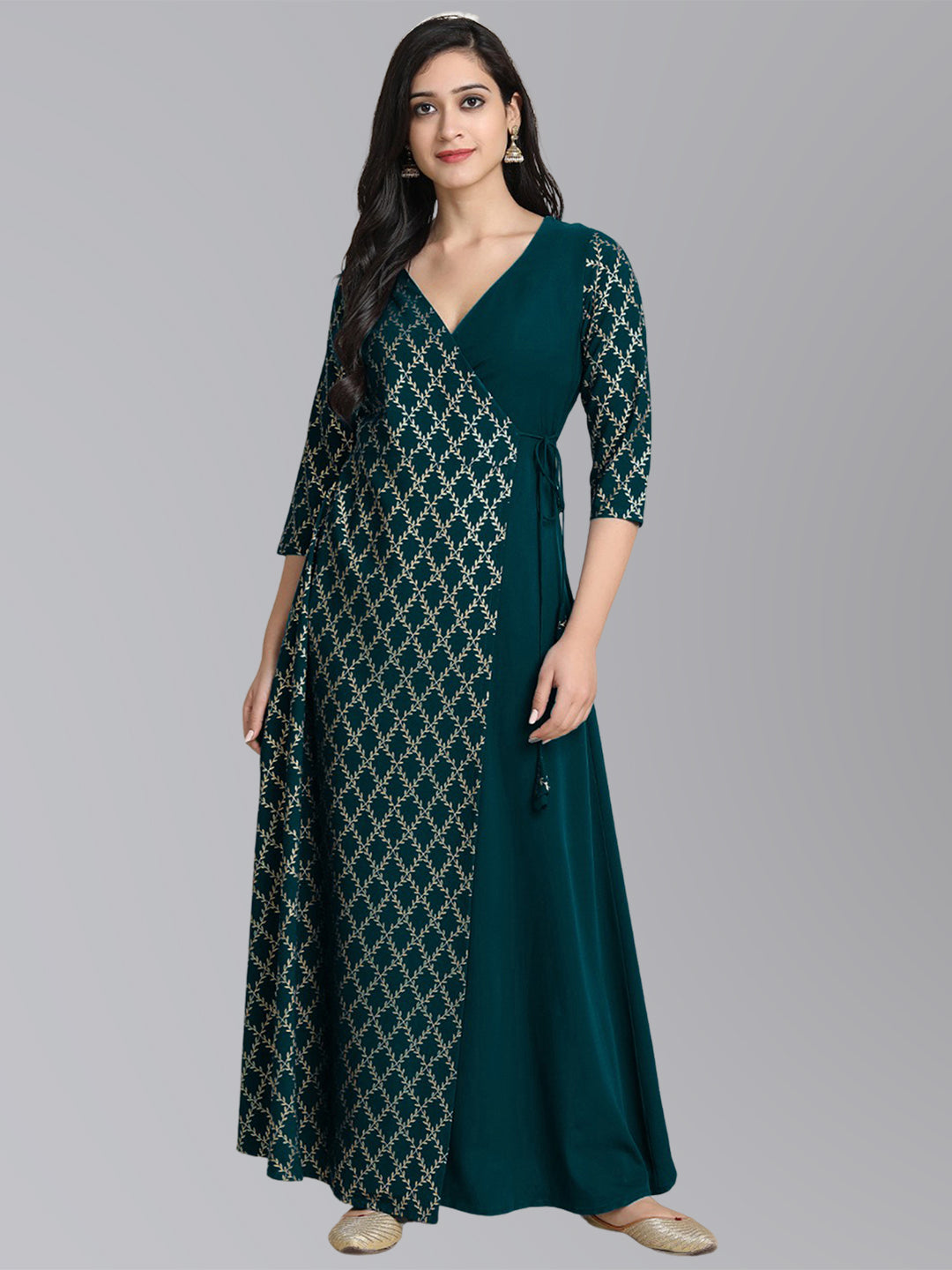 Janasya Women's Peacock Green Crepe Foil Print Festive Angarkha Kurta | Grocsy