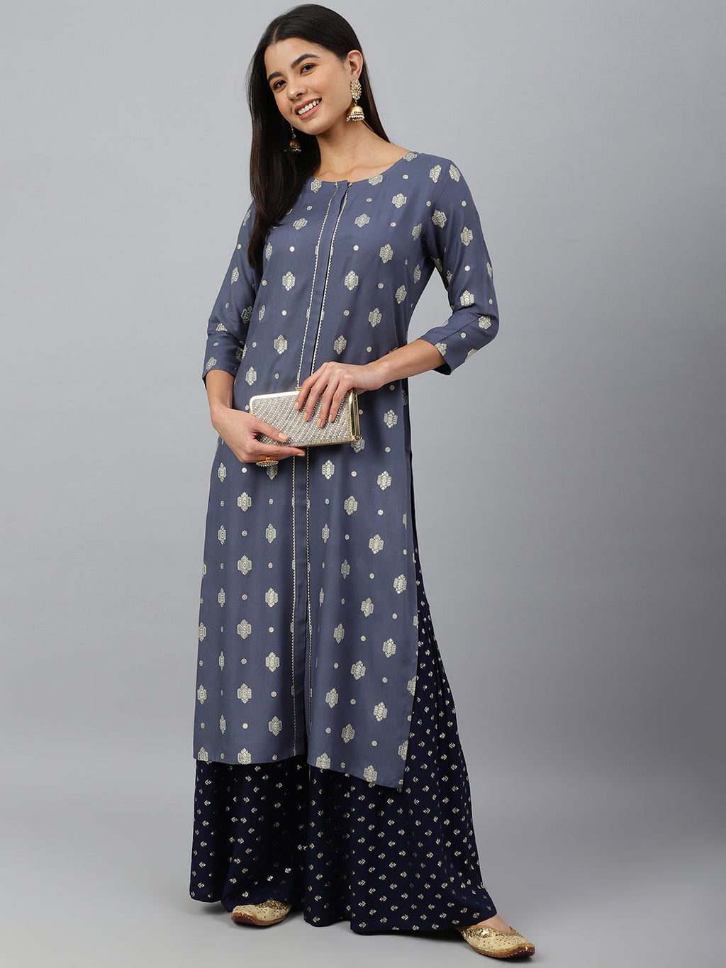 Janasya Women's Grey Rayon Ethnic motifs Festive Straight Kurta | Grocsy