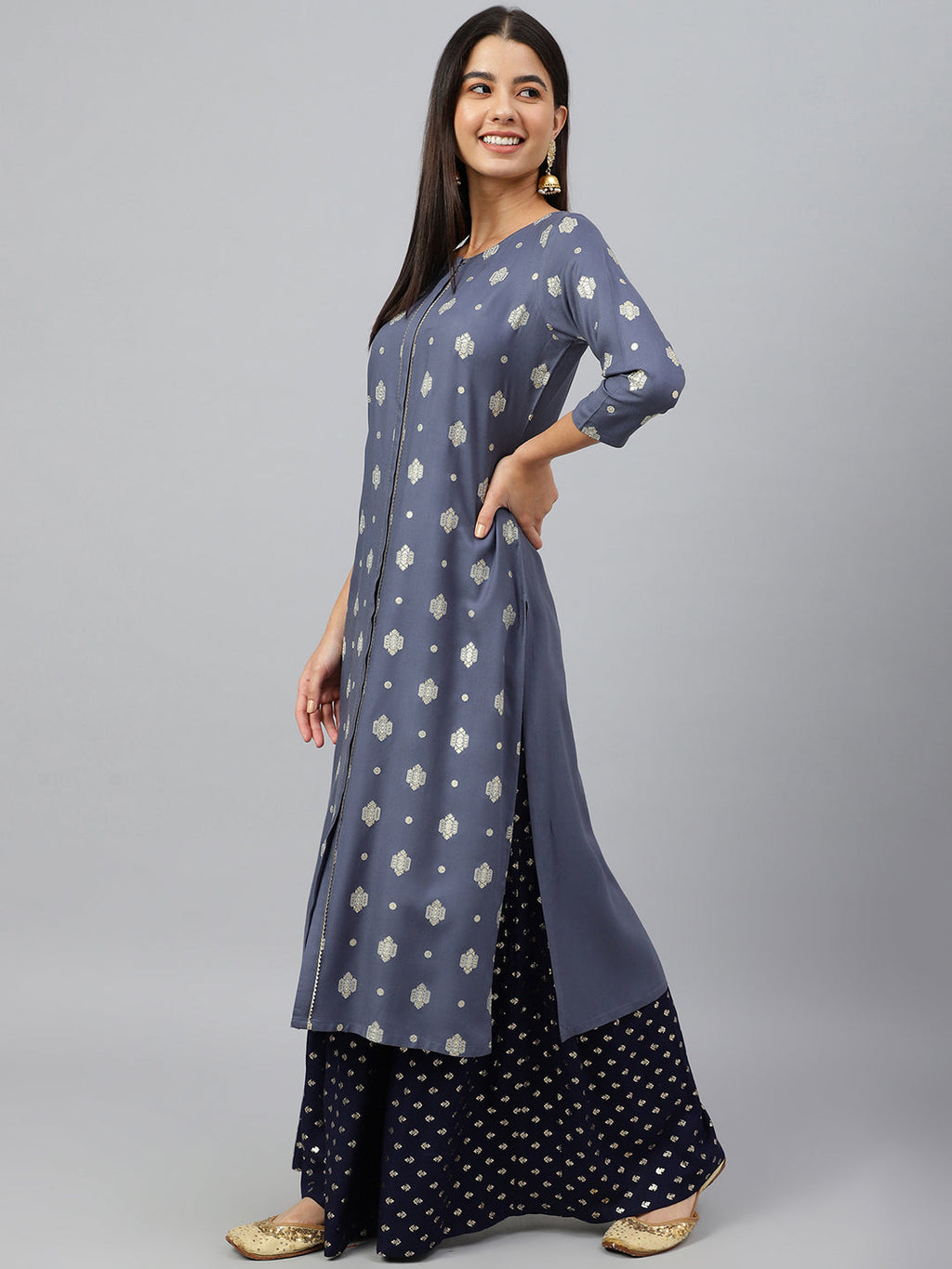 Janasya Women's Grey Rayon Ethnic motifs Festive Straight Kurta | Grocsy