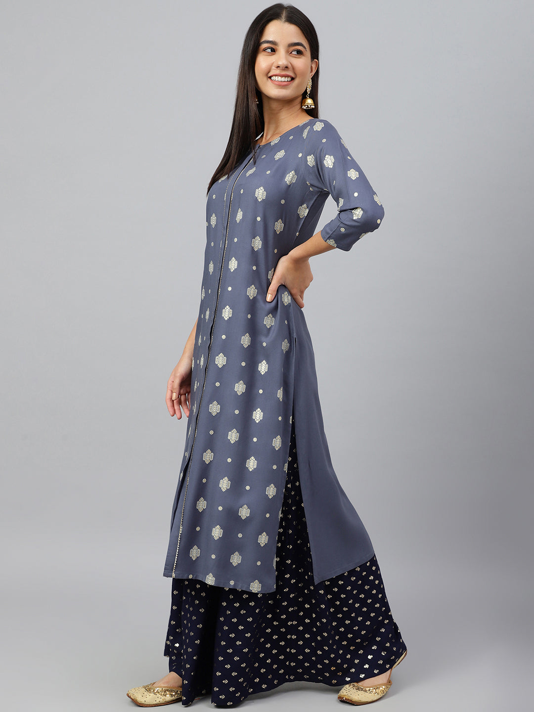 Janasya Women's Grey Rayon Ethnic motifs Festive Straight Kurta | Grocsy