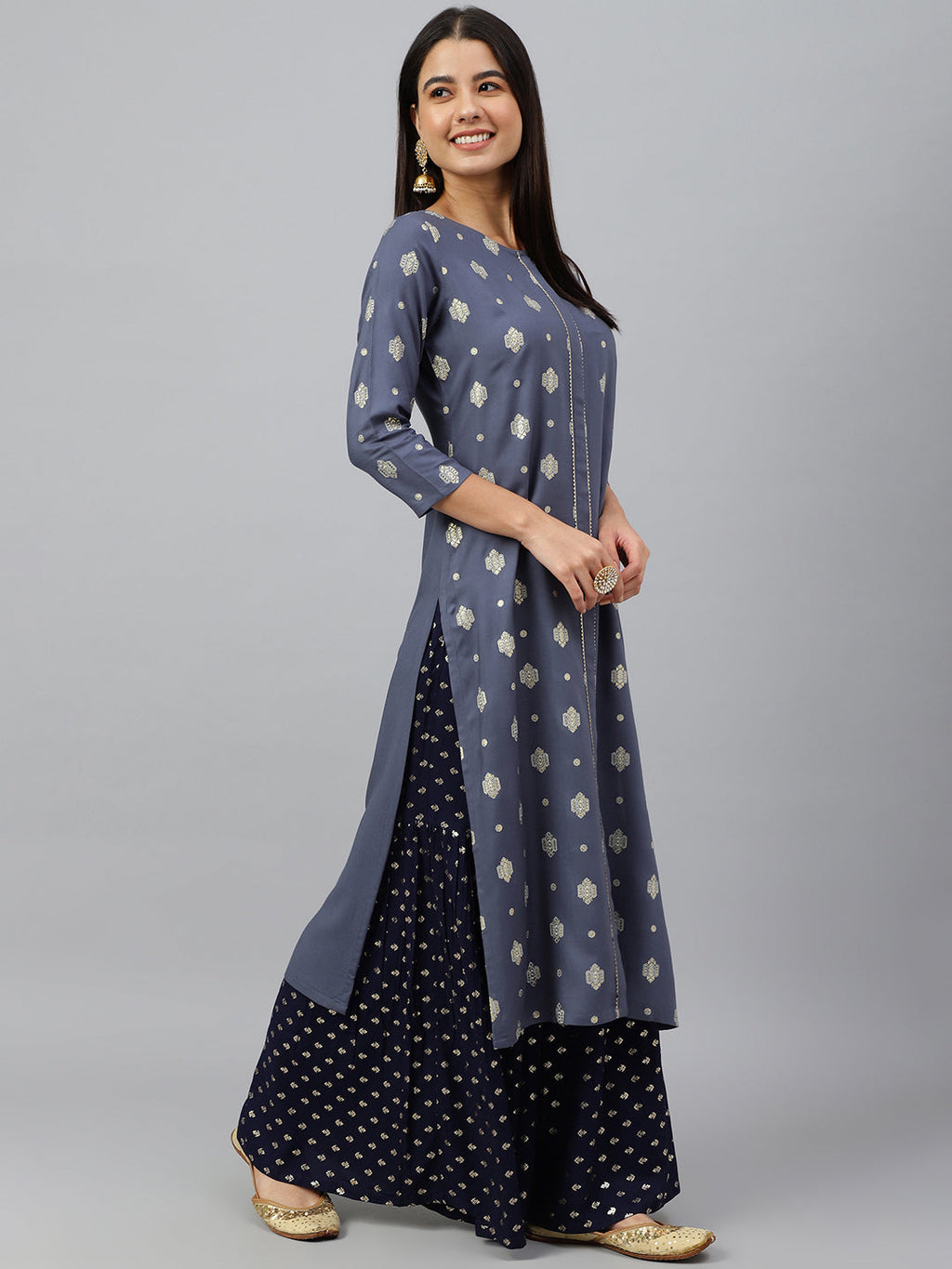 Janasya Women's Grey Rayon Ethnic motifs Festive Straight Kurta | Grocsy