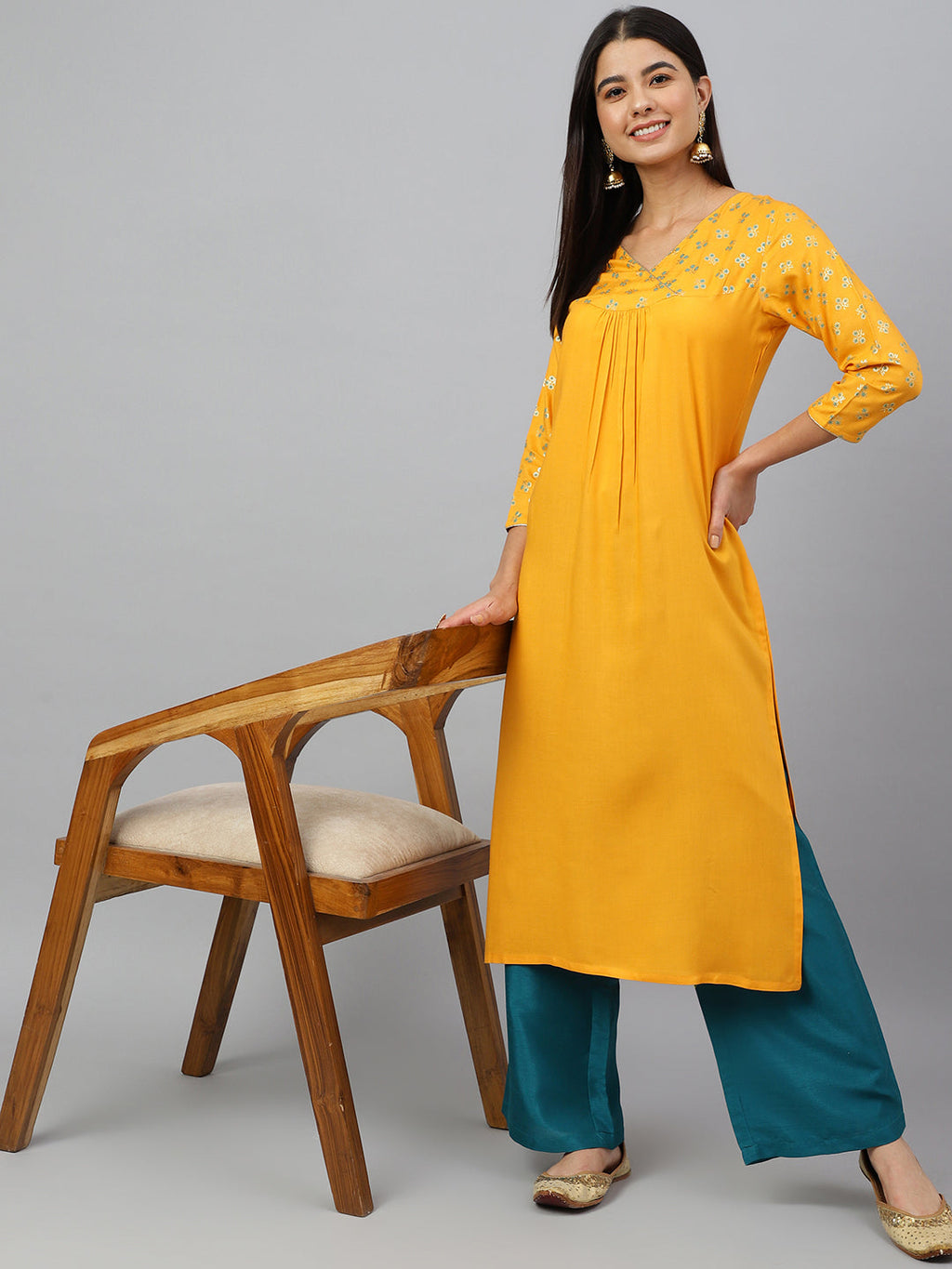 Janasya Women's Orange Rayon Gold Floral Print Festive Straight Kurta | Grocsy