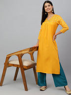 Janasya Women's Orange Rayon Gold Floral Print Festive Straight Kurta | Grocsy