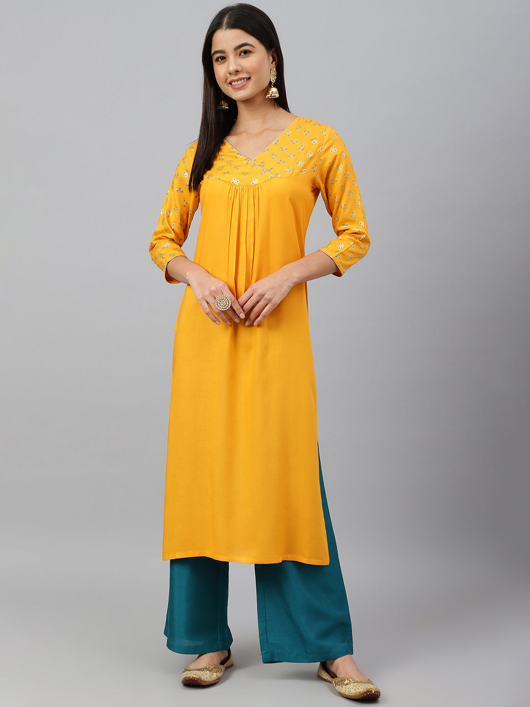 Janasya Women's Orange Rayon Gold Floral Print Festive Straight Kurta | Grocsy