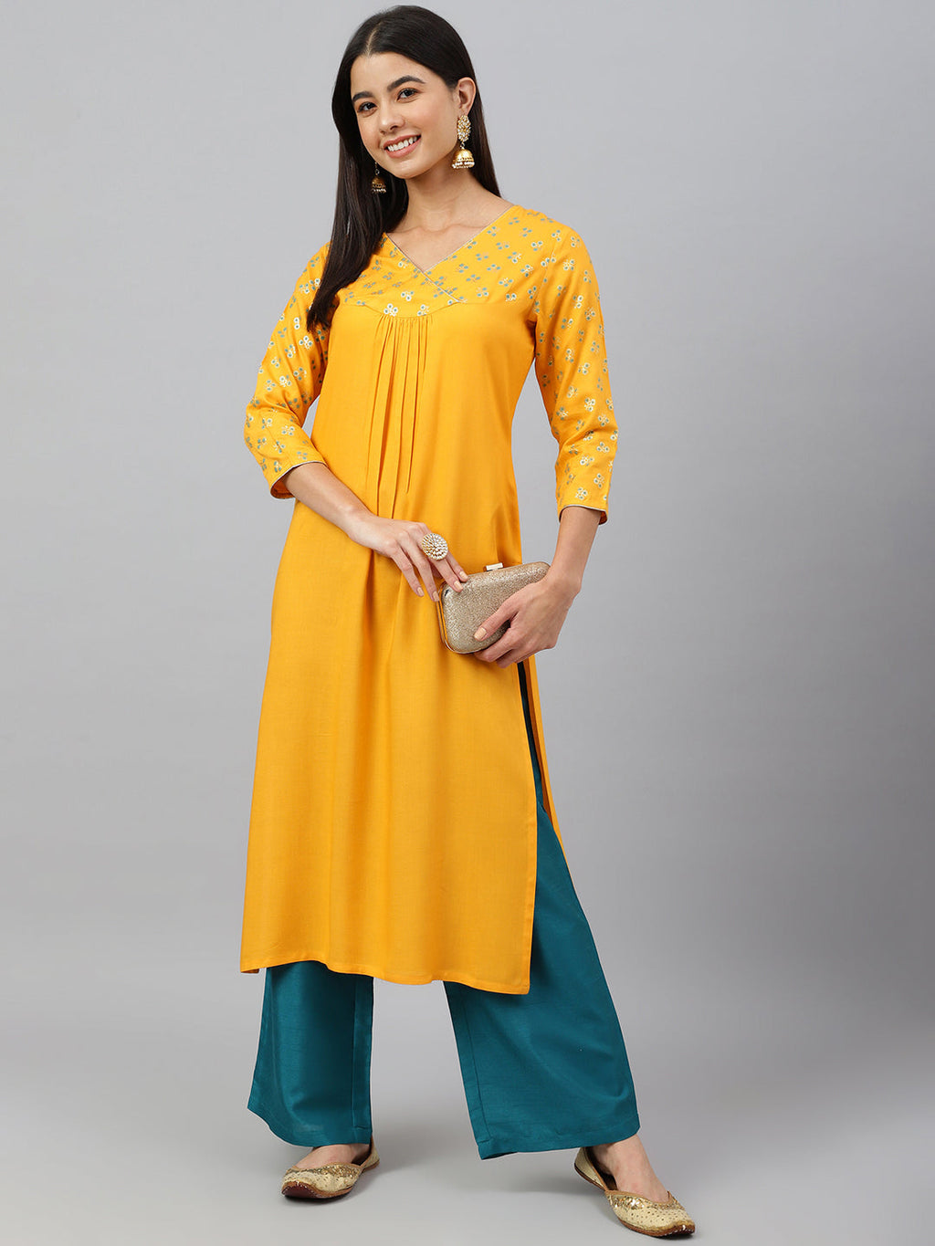 Janasya Women's Orange Rayon Gold Floral Print Festive Straight Kurta | Grocsy