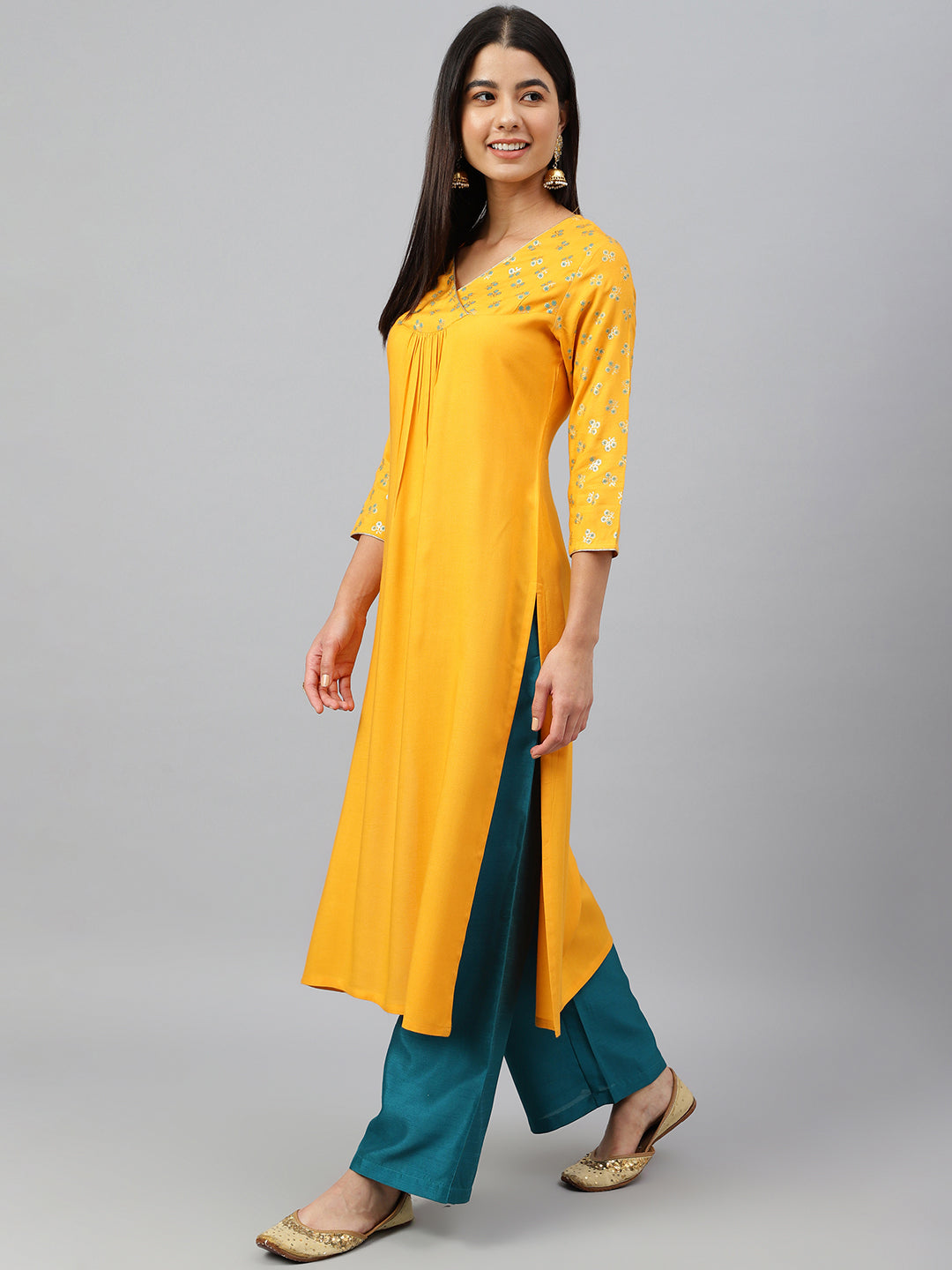 Janasya Women's Orange Rayon Gold Floral Print Festive Straight Kurta | Grocsy
