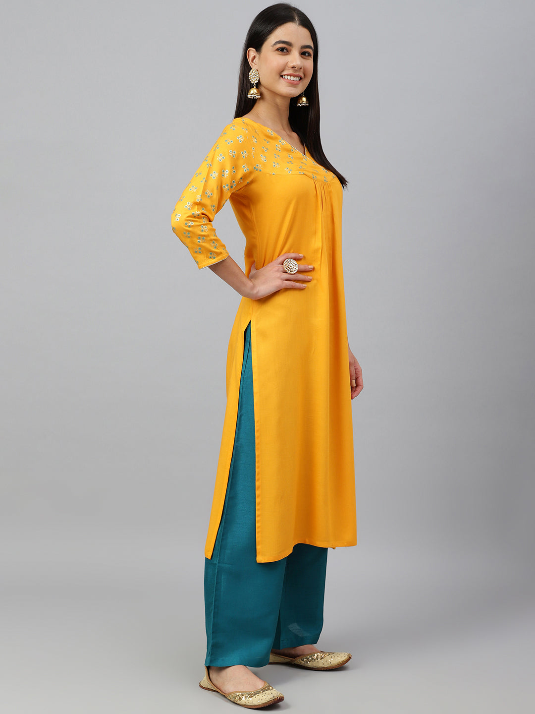 Janasya Women's Orange Rayon Gold Floral Print Festive Straight Kurta | Grocsy