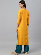 Janasya Women's Orange Rayon Gold Floral Print Festive Straight Kurta | Grocsy