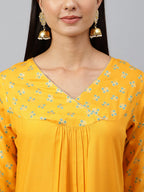 Janasya Women's Orange Rayon Gold Floral Print Festive Straight Kurta | Grocsy