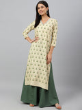 Janasya Women's Beige Rayon Botanical Print Festive Straight Kurta | Grocsy