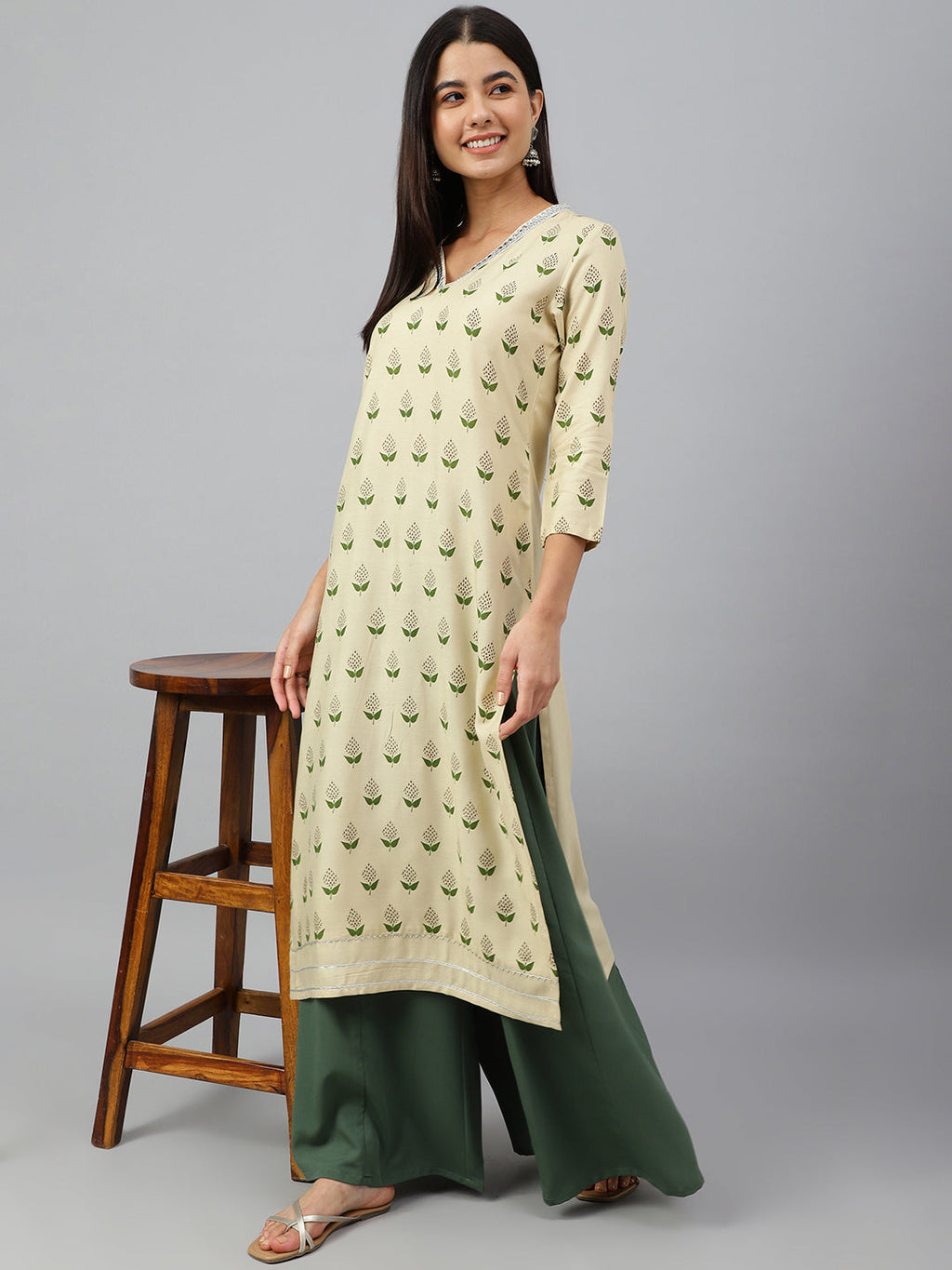 Janasya Women's Beige Rayon Botanical Print Festive Straight Kurta | Grocsy