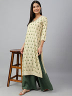 Janasya Women's Beige Rayon Botanical Print Festive Straight Kurta | Grocsy