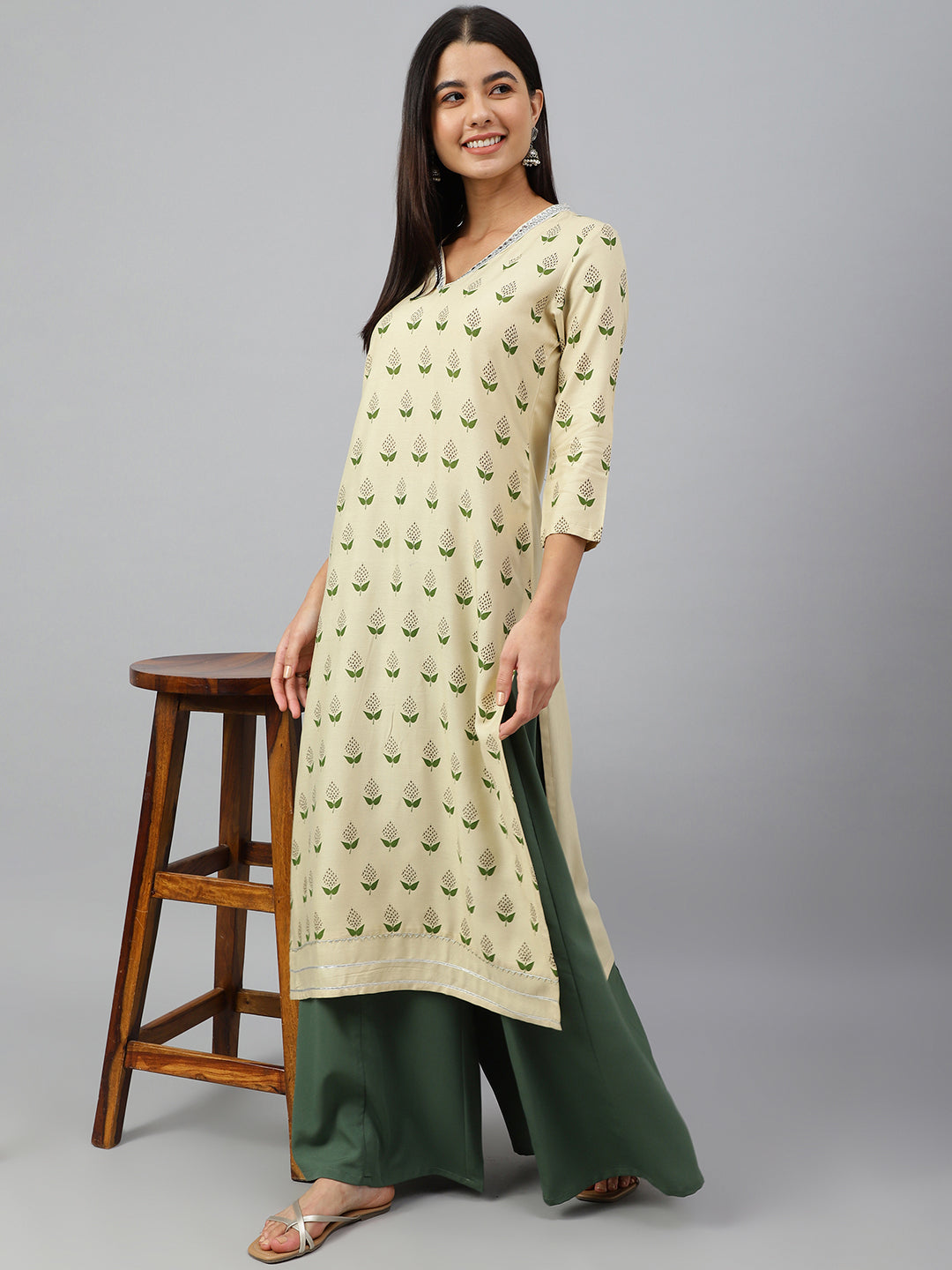 Janasya Women's Beige Rayon Botanical Print Festive Straight Kurta | Grocsy