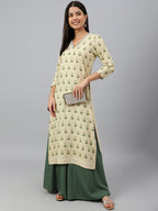Janasya Women's Beige Rayon Botanical Print Festive Straight Kurta | Grocsy