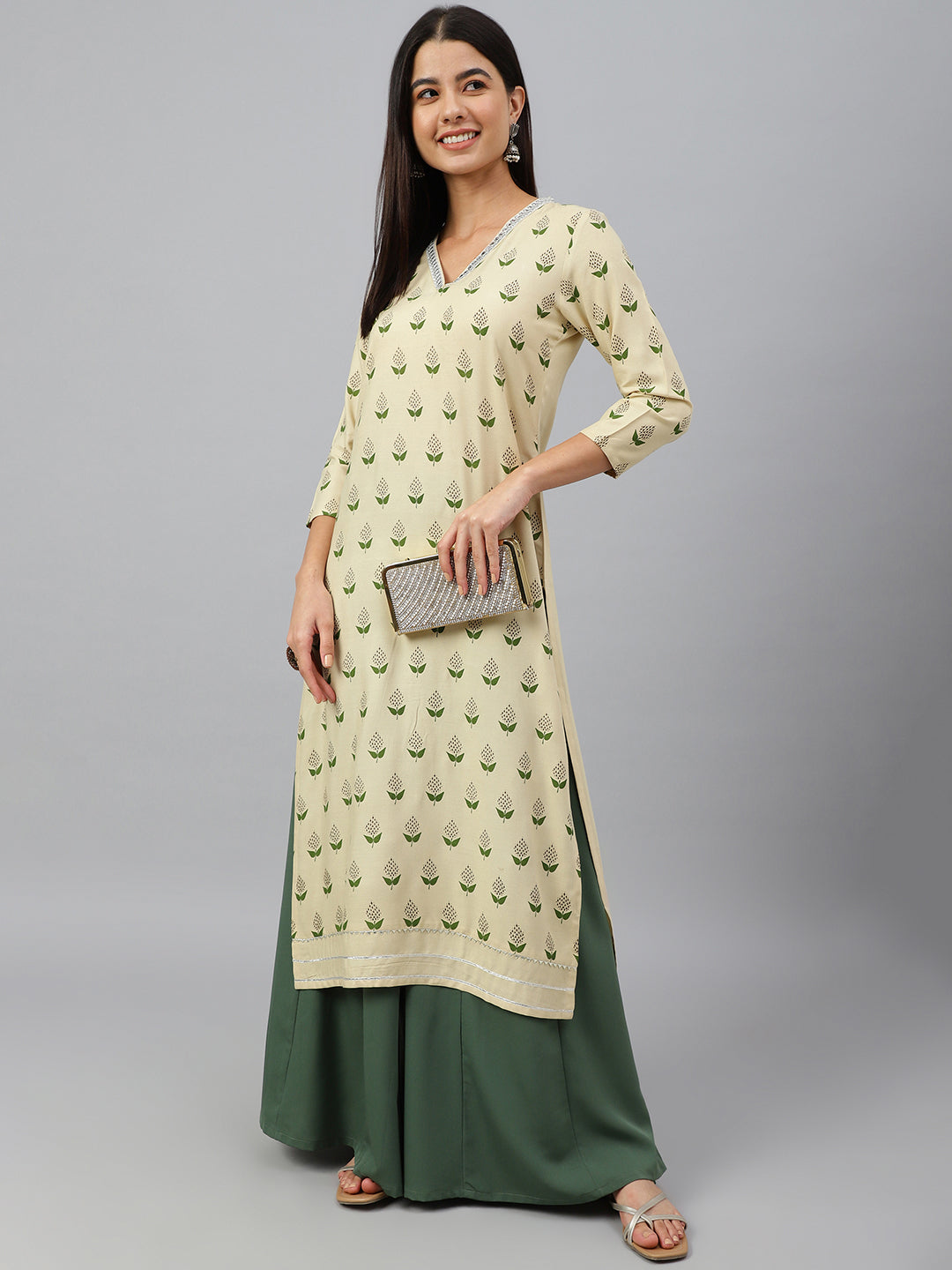Janasya Women's Beige Rayon Botanical Print Festive Straight Kurta | Grocsy