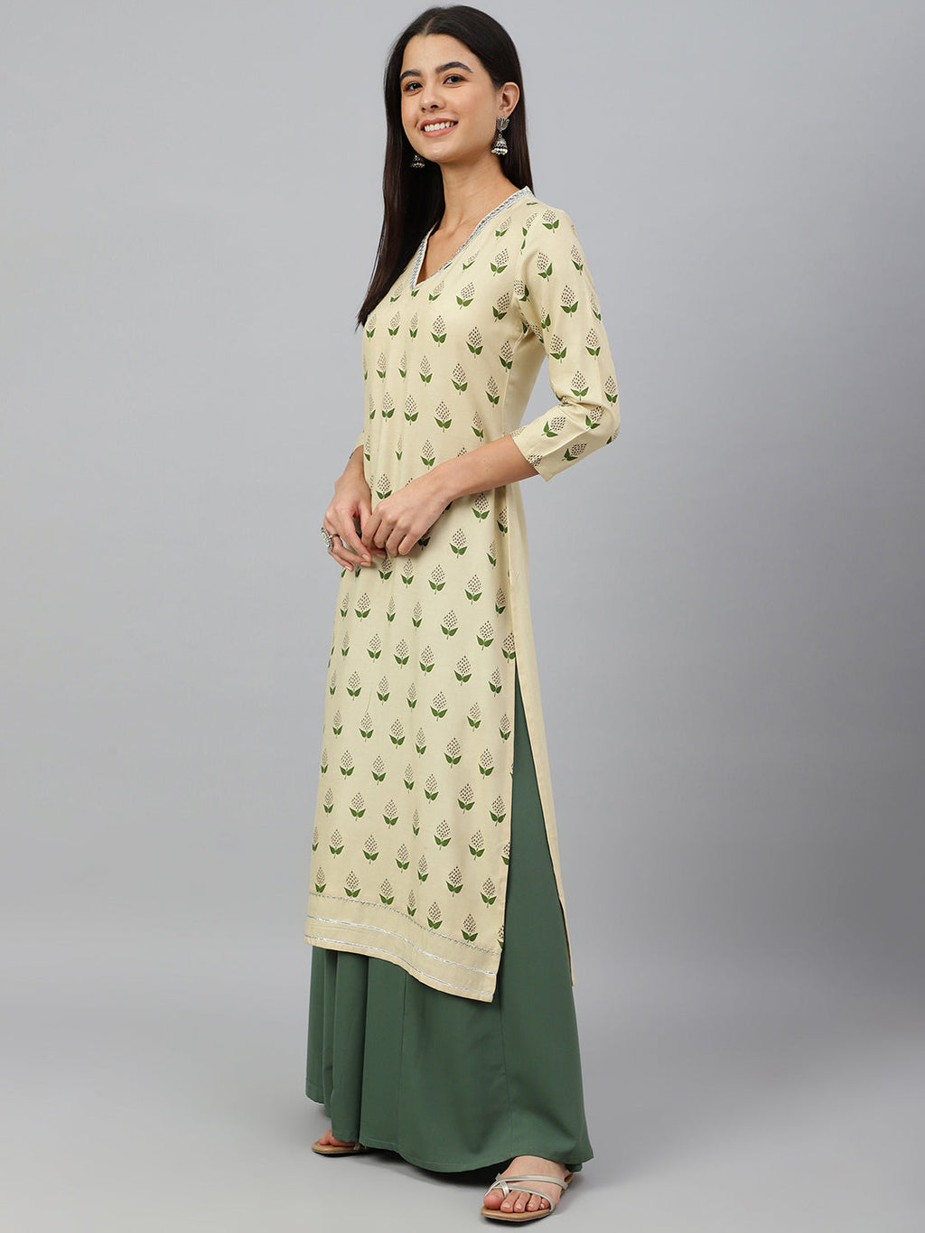 Janasya Women's Beige Rayon Botanical Print Festive Straight Kurta | Grocsy