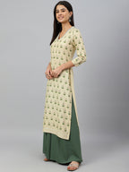 Janasya Women's Beige Rayon Botanical Print Festive Straight Kurta | Grocsy