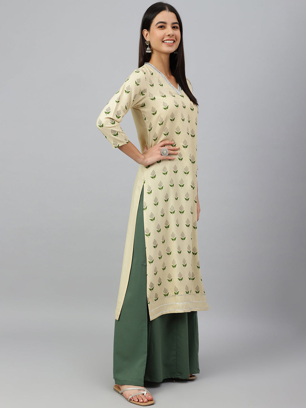 Janasya Women's Beige Rayon Botanical Print Festive Straight Kurta | Grocsy