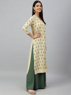 Janasya Women's Beige Rayon Botanical Print Festive Straight Kurta | Grocsy