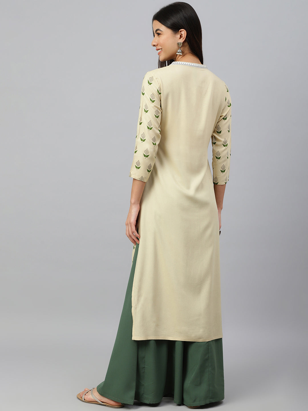Janasya Women's Beige Rayon Botanical Print Festive Straight Kurta | Grocsy