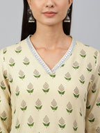 Janasya Women's Beige Rayon Botanical Print Festive Straight Kurta | Grocsy
