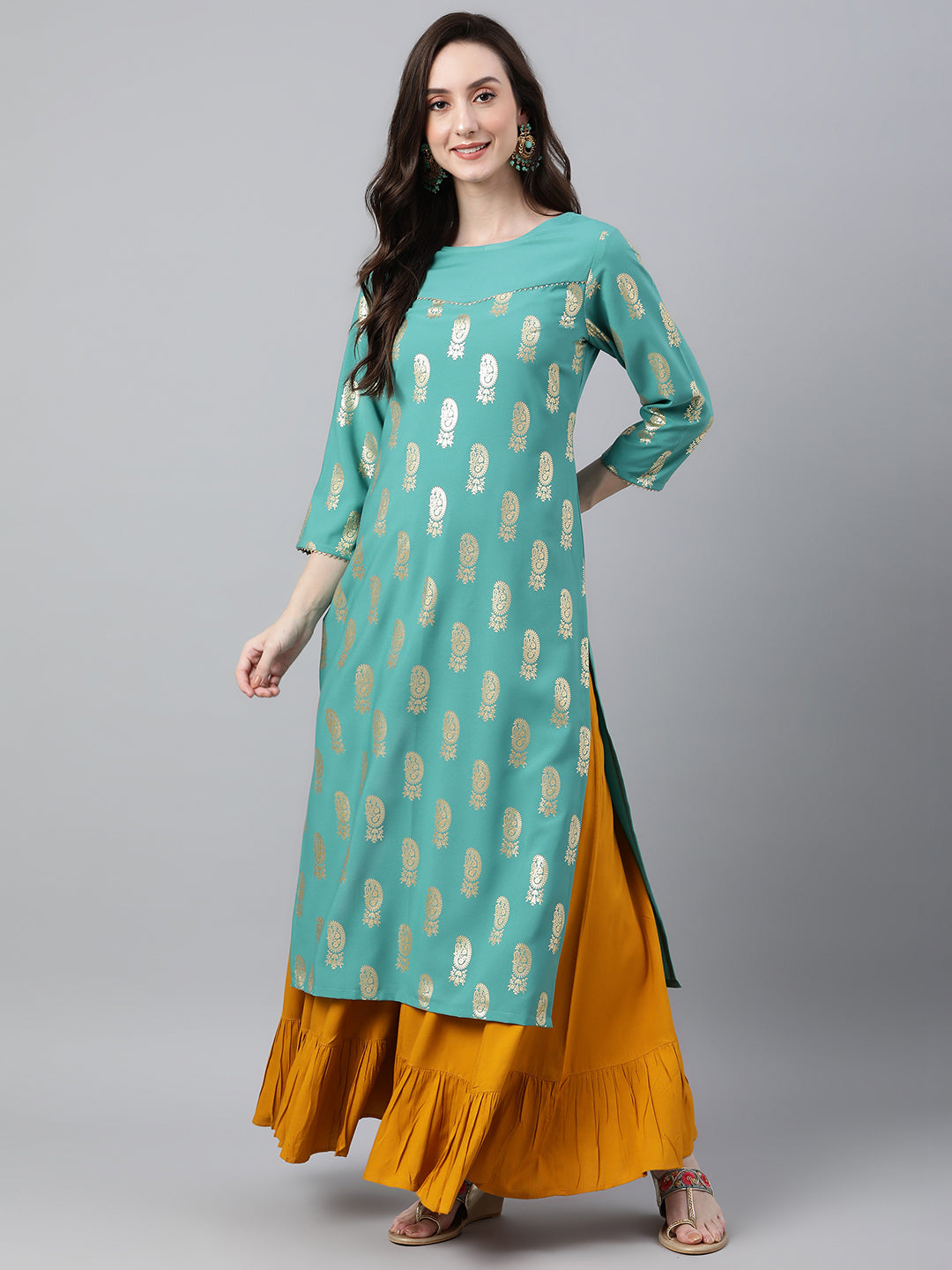 Janasya Women's Sea Green Crepe Floral Foil Print Casual Straight Kurta | Grocsy