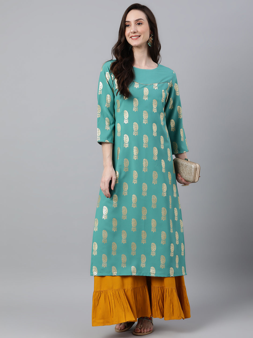 Janasya Women's Sea Green Crepe Floral Foil Print Casual Straight Kurta | Grocsy