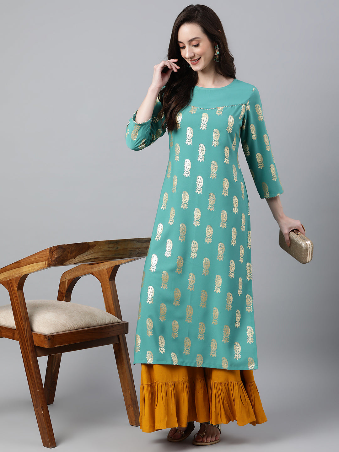 Janasya Women's Sea Green Crepe Floral Foil Print Casual Straight Kurta | Grocsy