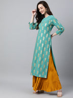 Janasya Women's Sea Green Crepe Floral Foil Print Casual Straight Kurta | Grocsy