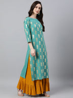 Janasya Women's Sea Green Crepe Floral Foil Print Casual Straight Kurta | Grocsy